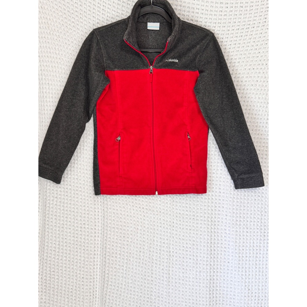 Columbia Sportswear Jacket Kids M Red Gray Full Zip Mock Neck‎ Fleece